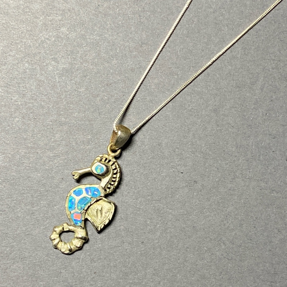 Vintage Sterling silver seahorse blue Opal necklace
